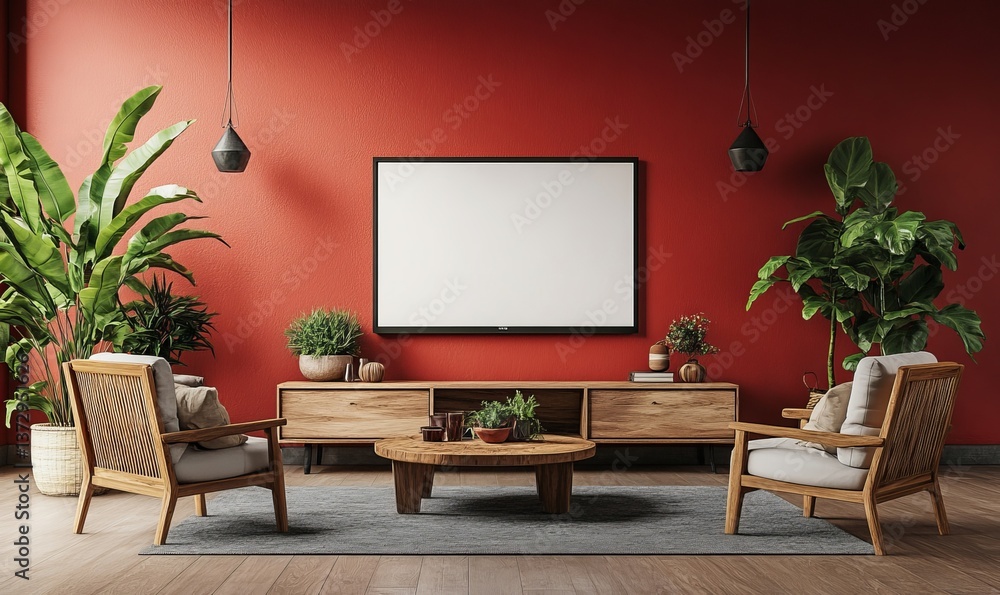 Living room with red wall, wooden furniture, tv, plants, and two chairs in a cozy interior scene