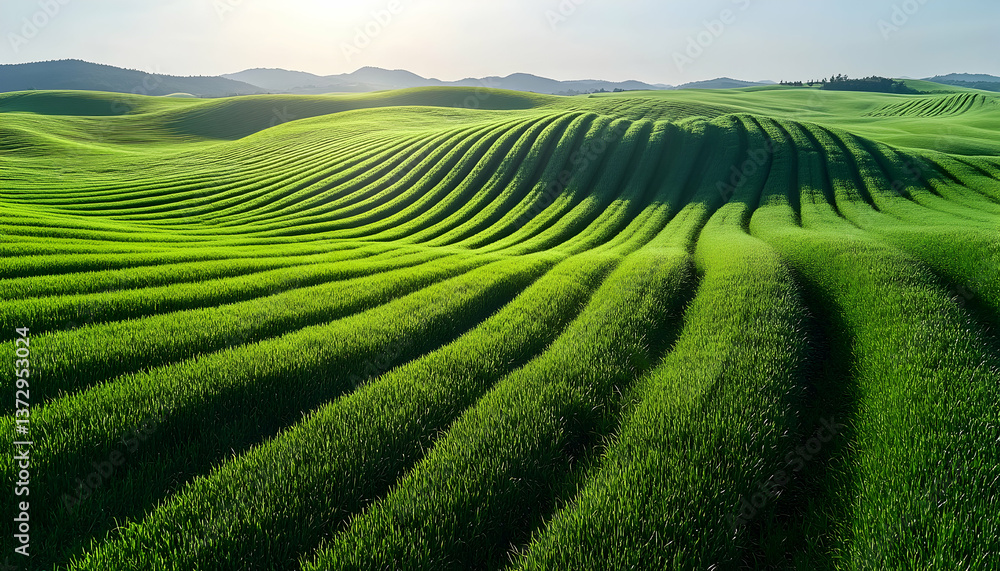 Vibrant Green Agricultural Fields with Parallel Rows in Rural Landscape Under Bright Sunlight Cultivated Land Showcasing Agricultural Pattern and Rural Countryside Vibrant Green Agricultural Fields with Parallel Rows in Rural Landscape Under Bright Sunlight Cultivated Land Showcasing Agricultural Pattern and Rural Countryside