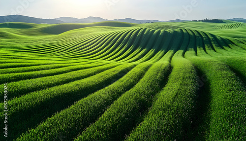 Wallpaper Mural Vibrant Green Agricultural Fields with Parallel Rows in Rural Landscape Under Bright Sunlight Cultivated Land Showcasing Agricultural Pattern and Rural Countryside Torontodigital.ca