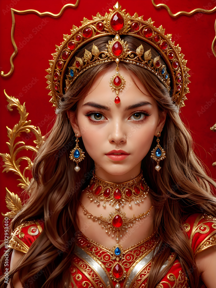 Beautiful queen wearing crown adorned with precious crystals, gold jeweled embellishments and throne Beautiful queen wearing crown adorned with precious crystals, gold jeweled embellishments and throne