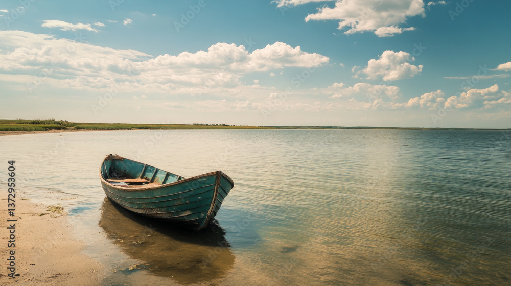 A rustic fisherman's boat is anchored close to the shoreline, surrounded by calm waters reflecting a blue sky. The background features a serene landscape under soft clouds. A rustic fisherman's boat is anchored close to the shoreline, surrounded by calm waters reflecting a blue sky. The background features a serene landscape under soft clouds.