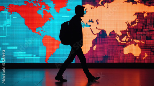 silhouette of person with backpack walks past vibrant digital world map display, evoking sense of global exploration