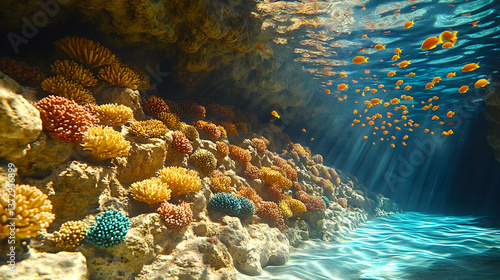 Underwater cave with sunbeams coral and a school of bright orange fish swimming above rippling water shining light on