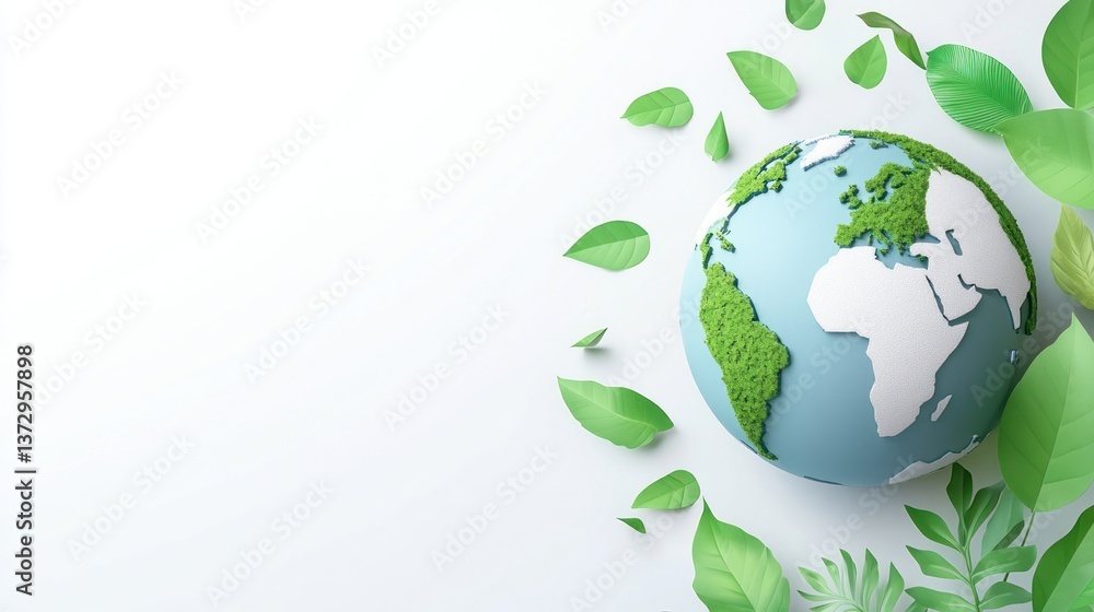 A green and blue world globe surrounded by many green leaves A green and blue world globe surrounded by many green leaves