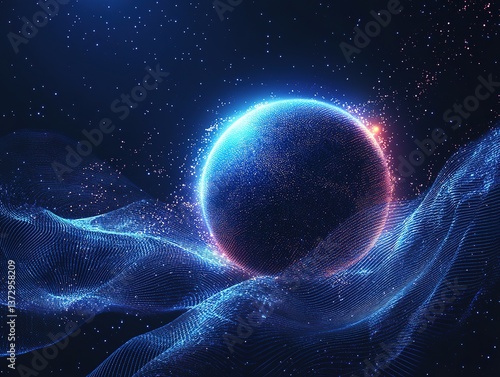 A globe composed of glowing dots against a deep blue starry background, with blue lines undulating around it, symbolizing global digital networks and cosmic connectivity.