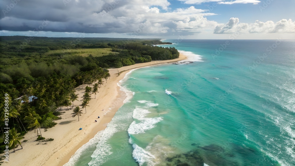 Aerial View of a Tropical Coastline with Sandy Beach, Turquoise Ocean, and Lush Green Vegetation Aerial View of a Tropical Coastline with Sandy Beach, Turquoise Ocean, and Lush Green Vegetation