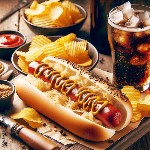 Delicious Grilled Hot Dog with Mustard, Sauerkraut & Chips – Classic American Comfort Food (1)