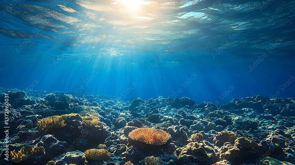 Underwater view of coral reef with sun rays filtering through blue sea vibrant colors rocky terrain A serene oceani Underwater view of coral reef with sun rays filtering through blue sea vibrant colors rocky terrain A serene oceani