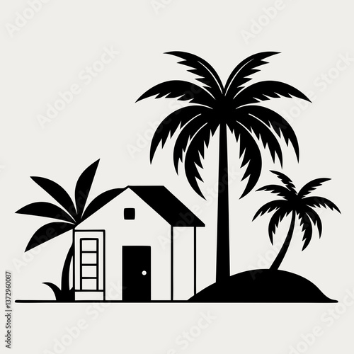 Tropical House Illustration with Palm Trees and Monochrome Design"
