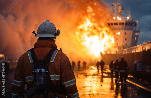 Firefighter observing blazing ship during emergency fire drill at industrial dockyard with crew responding in background
