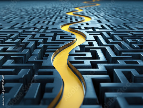 Yellow Path Through Dark Blue Maze 3D Abstract Concept