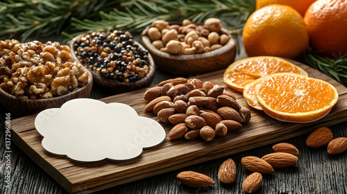 Wallpaper Mural Variety of nuts  orange slices on wooden board next to blank label Walnuts almonds hazelnuts juniper berries  pine Torontodigital.ca