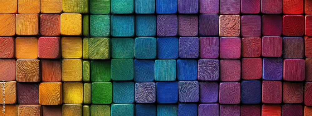 Colorful wooden blocks arranged in a vibrant pattern showcasing various hues and shades in a creative display Colorful wooden blocks arranged in a vibrant pattern showcasing various hues and shades in a creative display