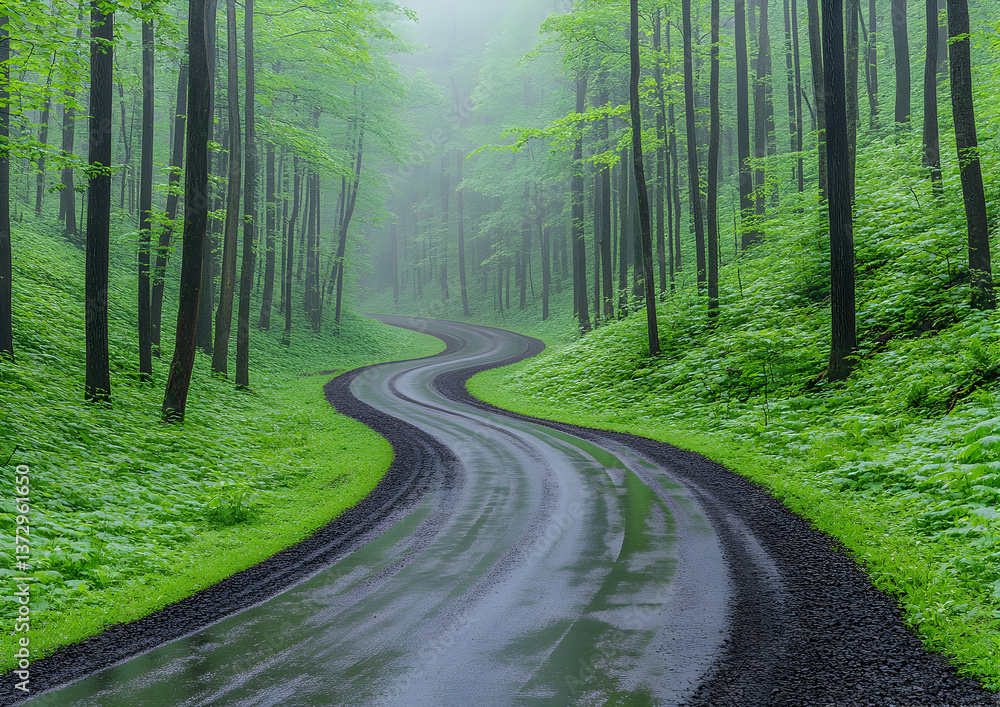 Obraz premium Winding Dark Path Through Green Forest with Lush Foliage and Tall Trees in Natural Outdoor Setting on a Foggy Day with Scenic Landscape