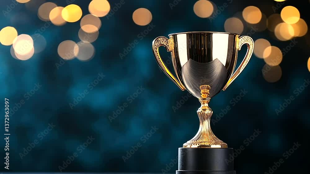 A golden trophy cup with a reflective surface, catching the light dramatically, set against a luxurious deep blue background with soft bokeh highlights.