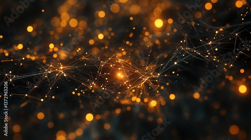 A network of interconnected nodes glows with a warm, golden light against a dark, bokeh-filled background.