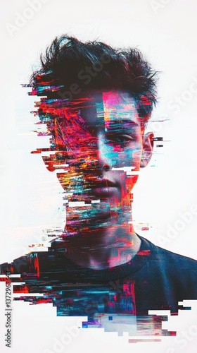 A digitally manipulated portrait featuring a young man with glitch effects