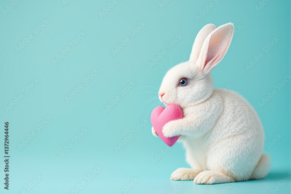 Fototapeta premium Cute white rabbit holding a pink heart on a pastel blue background. Fluffy fur and soft colors create a charming and heartwarming composition. Ai generative