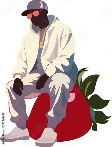 rapper in white clothes sits on a huge strawberry
