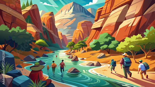 Group of diverse people hiking through a river at Zion National Park. Exploring the beauty of the Narrows and the beautiful canyons of southern Utah.