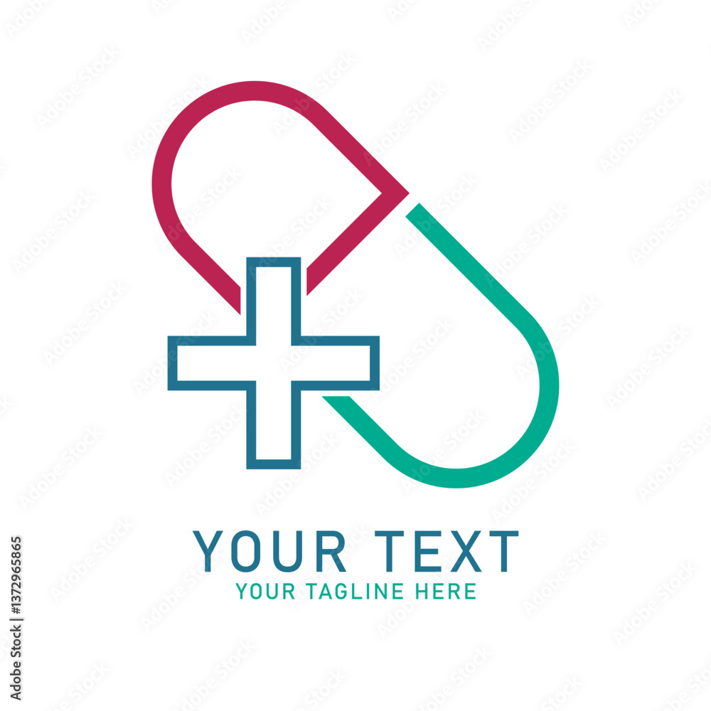 Fototapeta premium Medical Capsule Plus Logo, Colorful Pill with Cross Symbol Design, Isolated on White