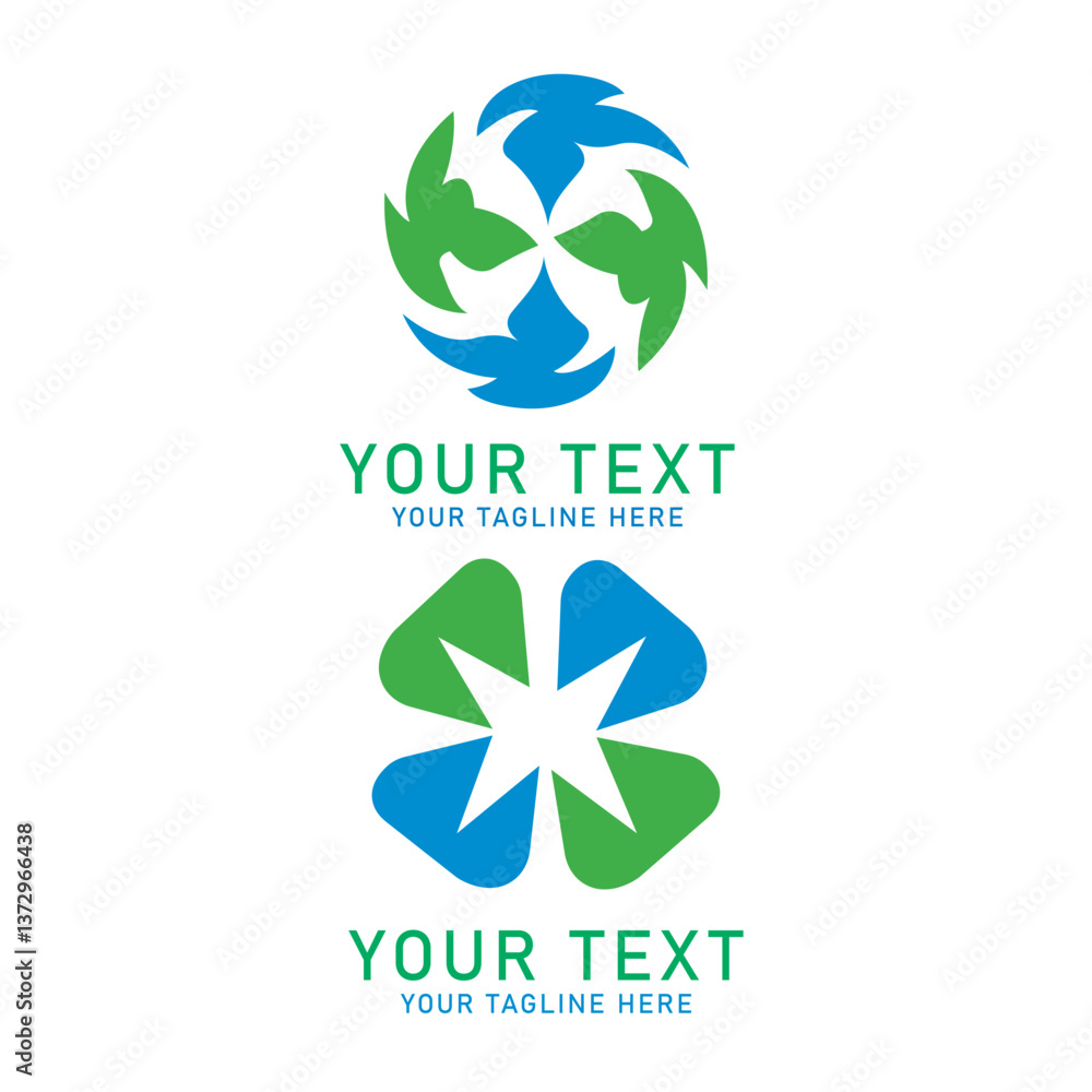 Abstract Flower Geometric Logo Set, Blue and Green Modern Design, Isolated on White Abstract Flower Geometric Logo Set, Blue and Green Modern Design, Isolated on White