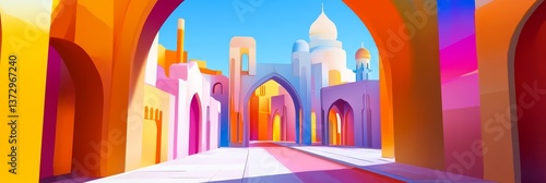 Colorful buildings with arches and domes in a vibrant city