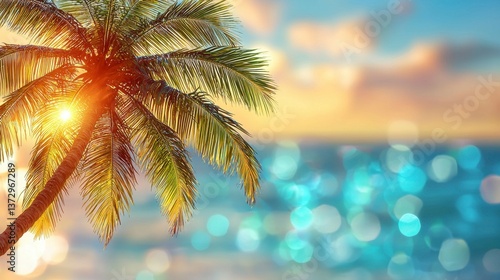 Summer Vibe Background with Silhouetted Palm Tree Against a Beautiful Ocean Sunset