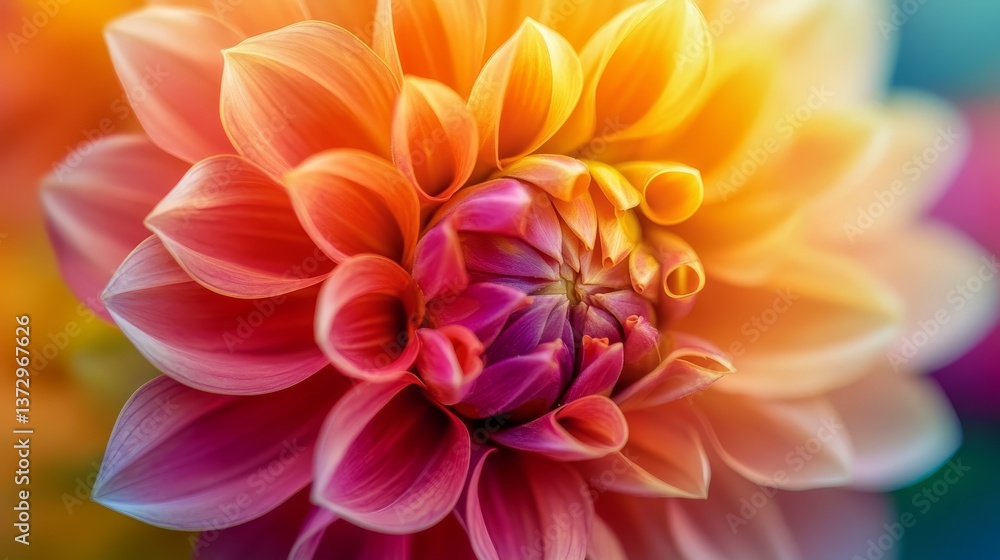 Close-up of a vibrant dahlia flower with orange yellow and Close-up of a vibrant dahlia flower with orange yellow and