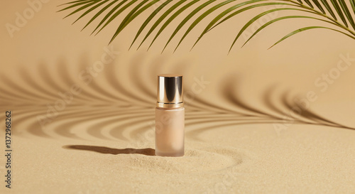 Cosmetic bottle with shadows on sandy background  