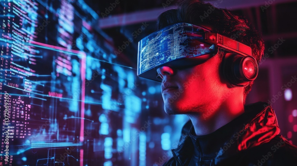 Depict a skilled cyberpunk hacker in a futuristic setting, surrounded by holographic interfaces, intricate code, and virtual reality elements Depict a skilled cyberpunk hacker in a futuristic setting, surrounded by holographic interfaces, intricate code, and virtual reality elements