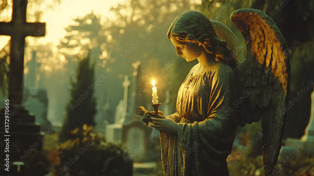 Fototapeta premium An angel holding a candle at its feet, the flame flickering softly in the wind, surrounded by a tranquil cemetery setting.