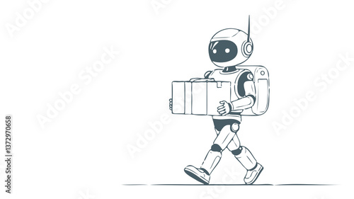Robot delivers package. Cute android backpack antenna. E-commerce retail technology delivery. Cartoon style white background vector illustration