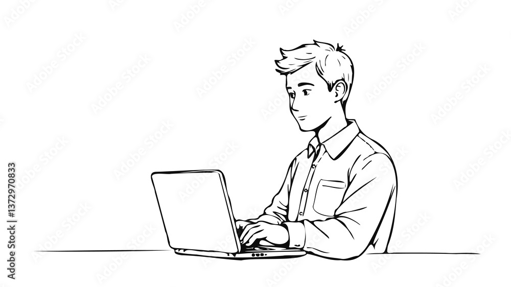 Man working laptop computer. White shirt focused expression. Suitable business education online courses. Simple line art white background vector illustration. Man working laptop computer. White shirt focused expression. Suitable business education online courses. Simple line art white background vector illustration.
