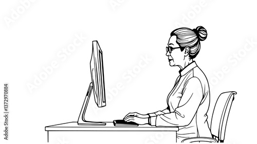 Eldery woman works at computer. Adult person with glasses and blouse. Poster business education coding testing gaming. Side view white background vector illustration.