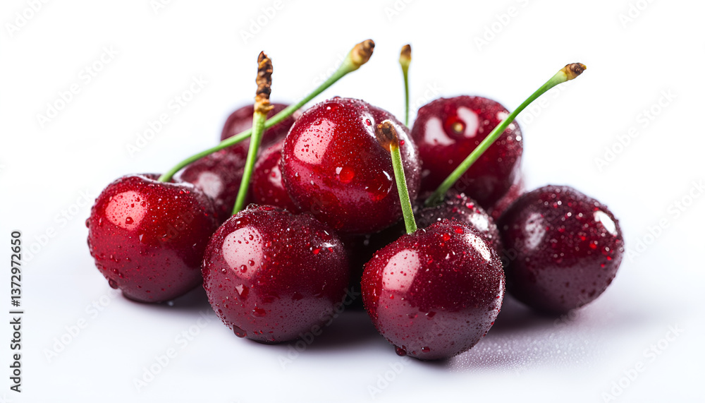 Fresh ripe red cherries with dew isolated on white Fresh ripe red cherries with dew isolated on white