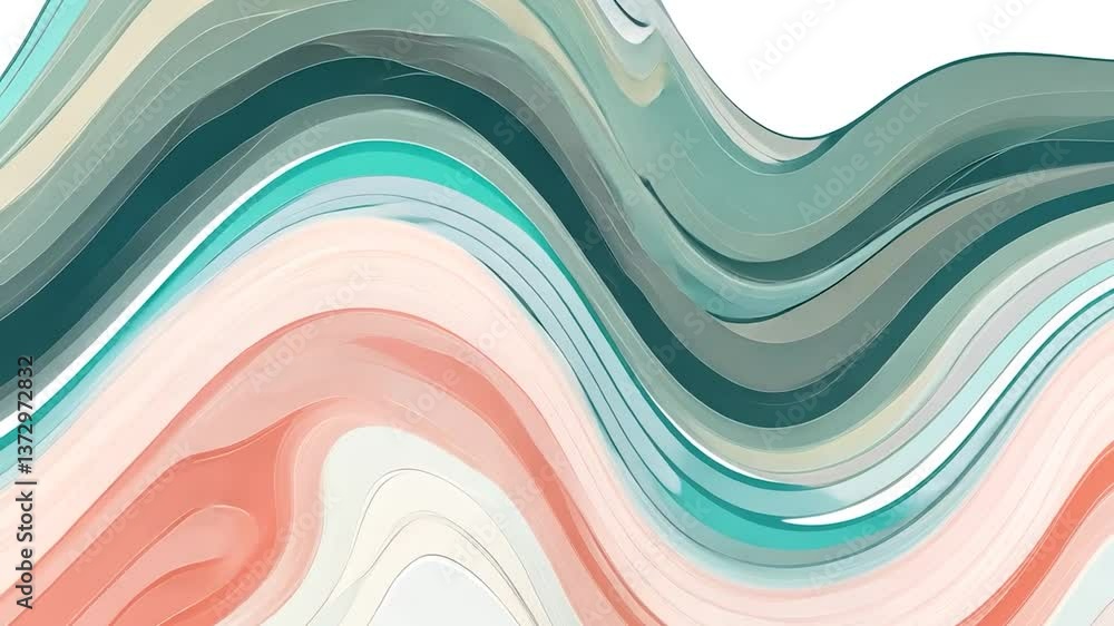 Abstract painting with flowing, wavy lines in muted greens, corals, and creams Abstract painting with flowing, wavy lines in muted greens, corals, and creams