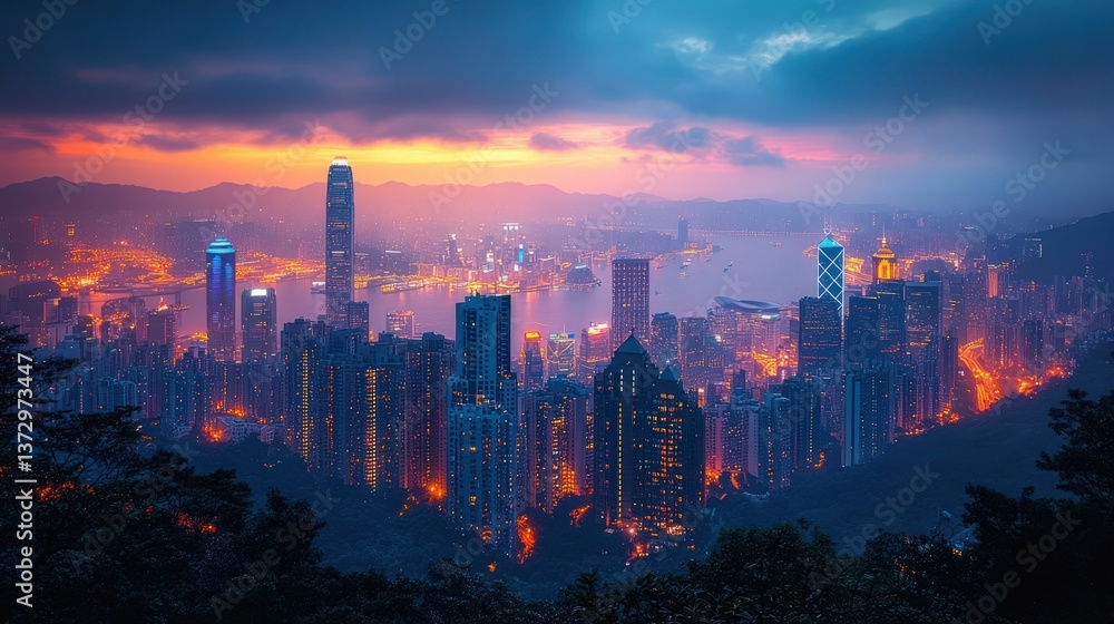 Fototapeta premium Vibrant cityscape glows under twilight skies