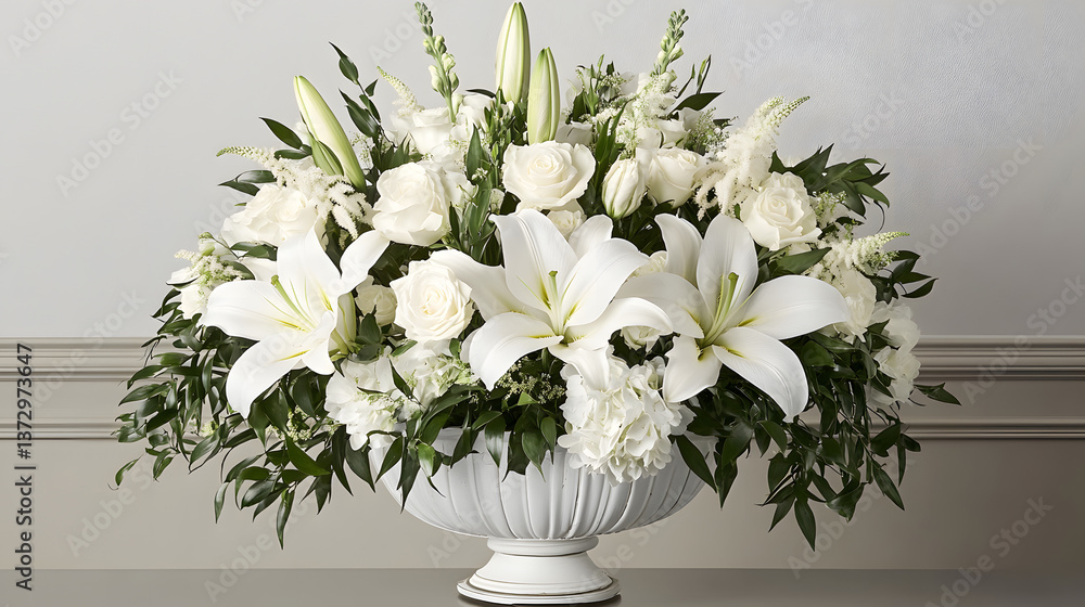 An artfully arranged funeral bouquet with white lilies and roses, symbolizing peace and remembrance. An artfully arranged funeral bouquet with white lilies and roses, symbolizing peace and remembrance.