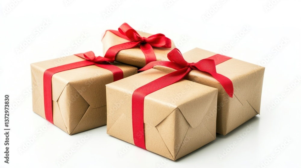 Four Presents Wrapped in Brown Paper Tied With Red Ribbons Four Presents Wrapped in Brown Paper Tied With Red Ribbons
