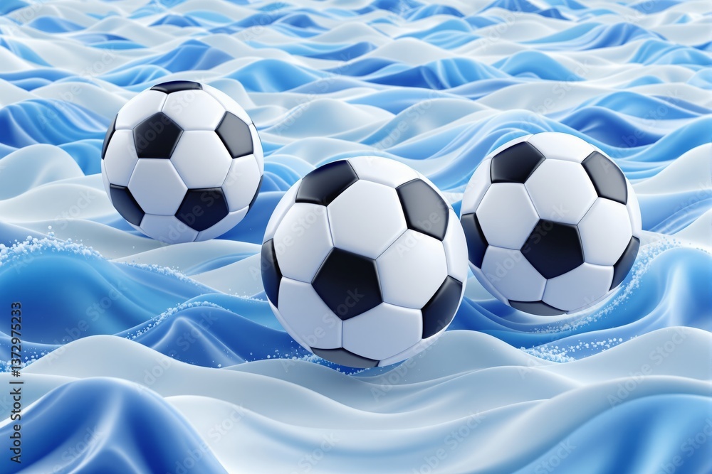Naklejka premium Three soccer balls floating on a creative stylized blue wave background, giving a surreal and dynamic effect. Concept of sports and motion. Ai generative