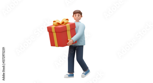 A person carrying a big gift wrapped box, trendy 3D illustration, UI friendly, isolated scene on a white background