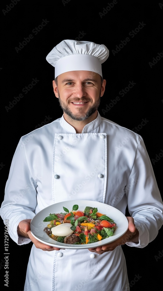 A chef is holding a plate of food and smiling. The plate contains a salad with tomatoes and other vegetables A chef is holding a plate of food and smiling. The plate contains a salad with tomatoes and other vegetables