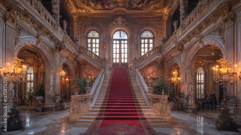 Fototapeta premium Ornate staircase with red carpet elegant design