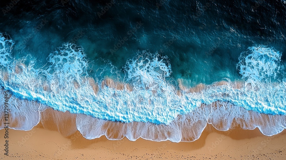 Obraz premium Aerial View of Waves Crashing onto Golden Beach with Turquoise Water and White Foam
