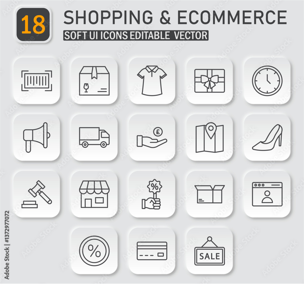 Neumorphic Style Outline Icons Set for Shopping and E-commerce Interface Neumorphic Style Outline Icons Set for Shopping and E-commerce Interface