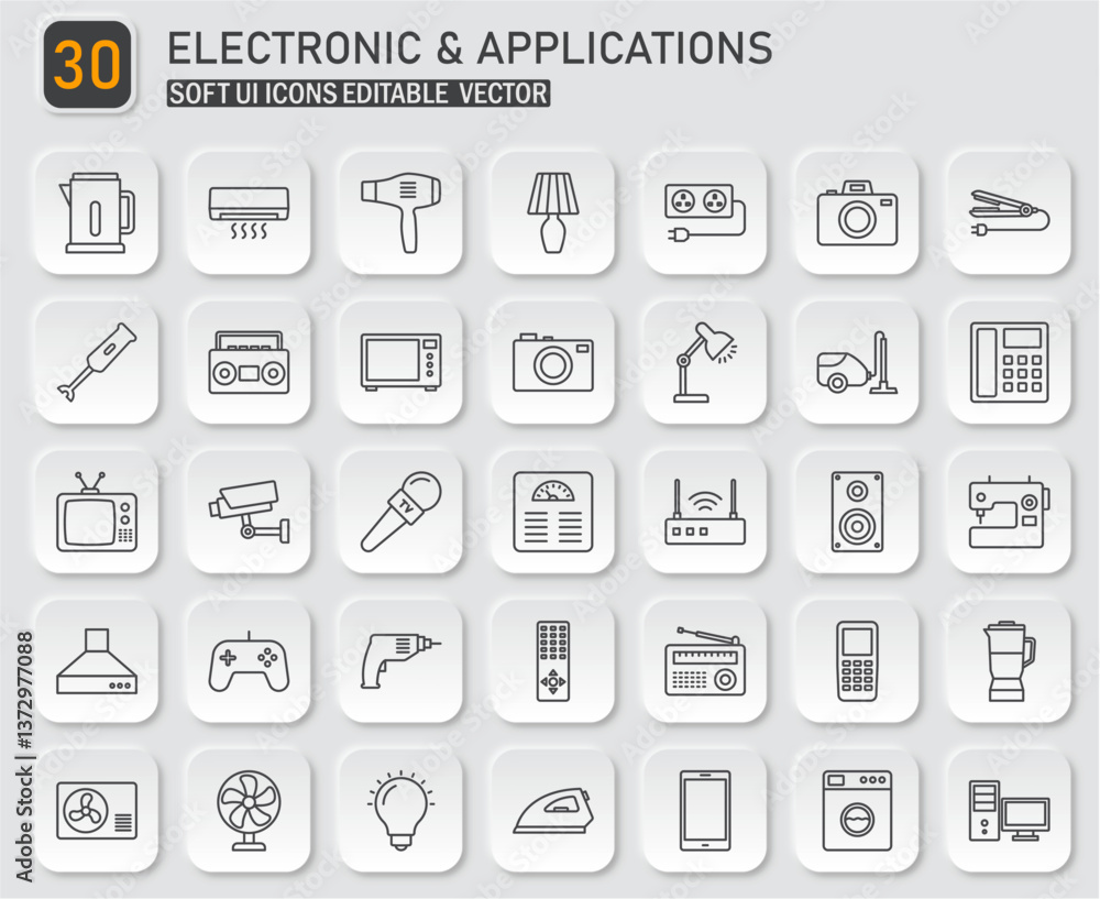 Assorted home electronics and appliances icons set, minimal line style design Assorted home electronics and appliances icons set, minimal line style design