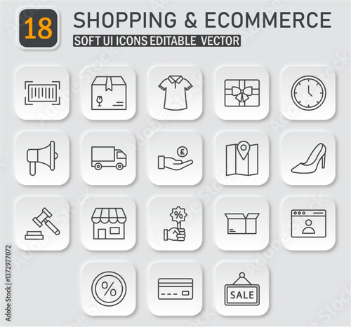 Neumorphic Style Outline Icons Set for Shopping and E-commerce Interface