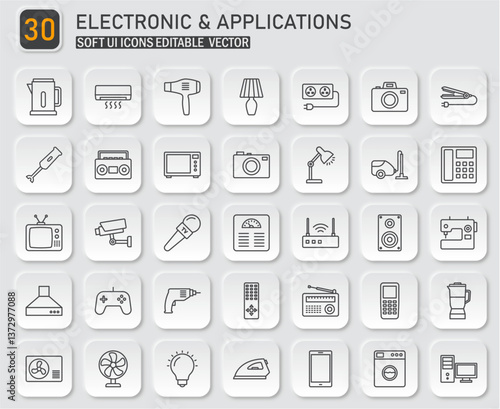 Assorted home electronics and appliances icons set, minimal line style design