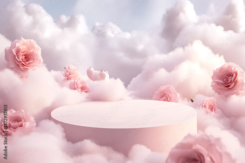Fototapeta premium A high-quality, enchanting 3D-rendered scene featuring a luxurious podium surrounded by delicate pink roses and dreamy, cotton candy-like clouds.